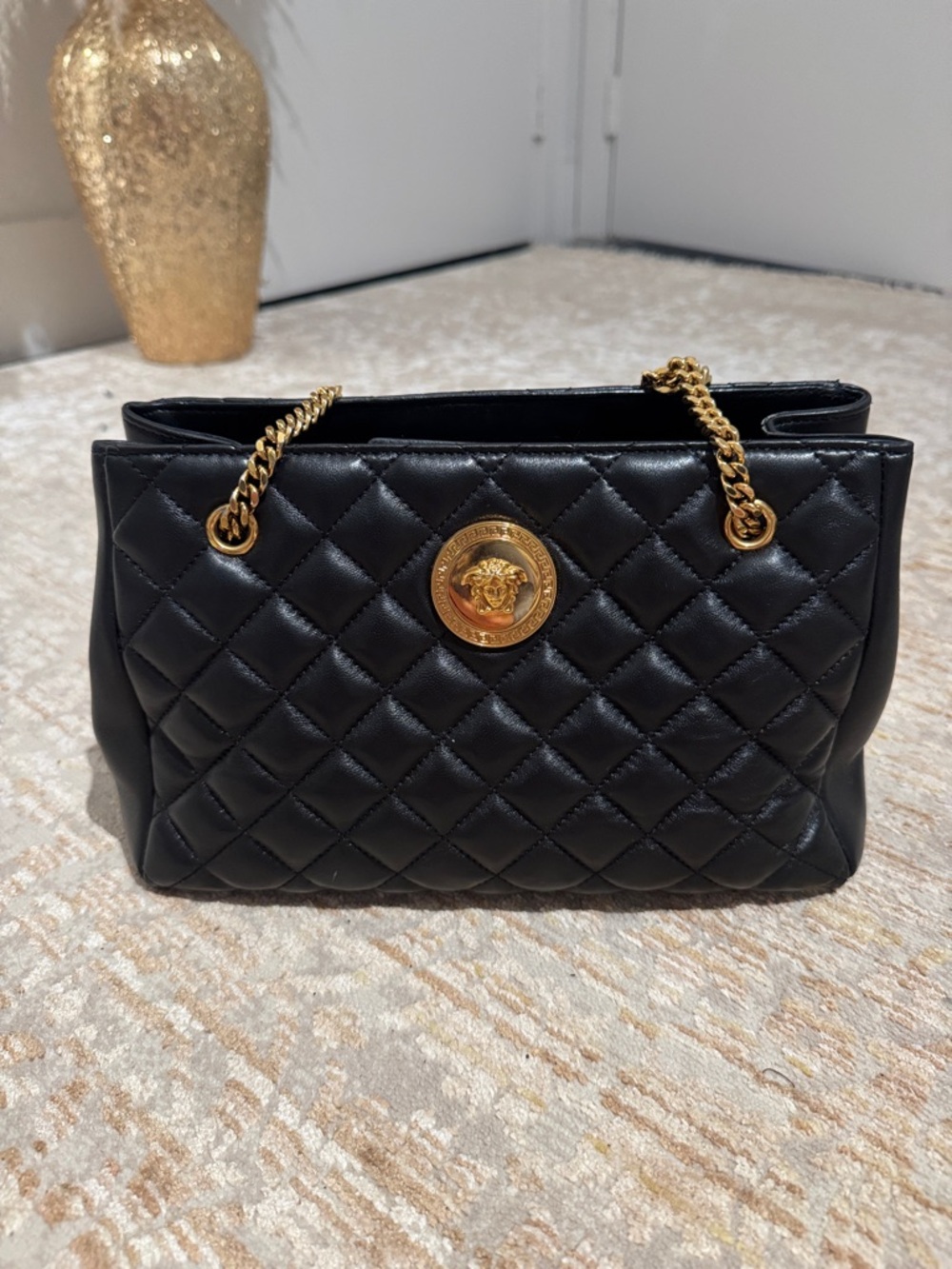 Versace Black Quilted Leather Shoulder Bag with Gold Medallion and Chain